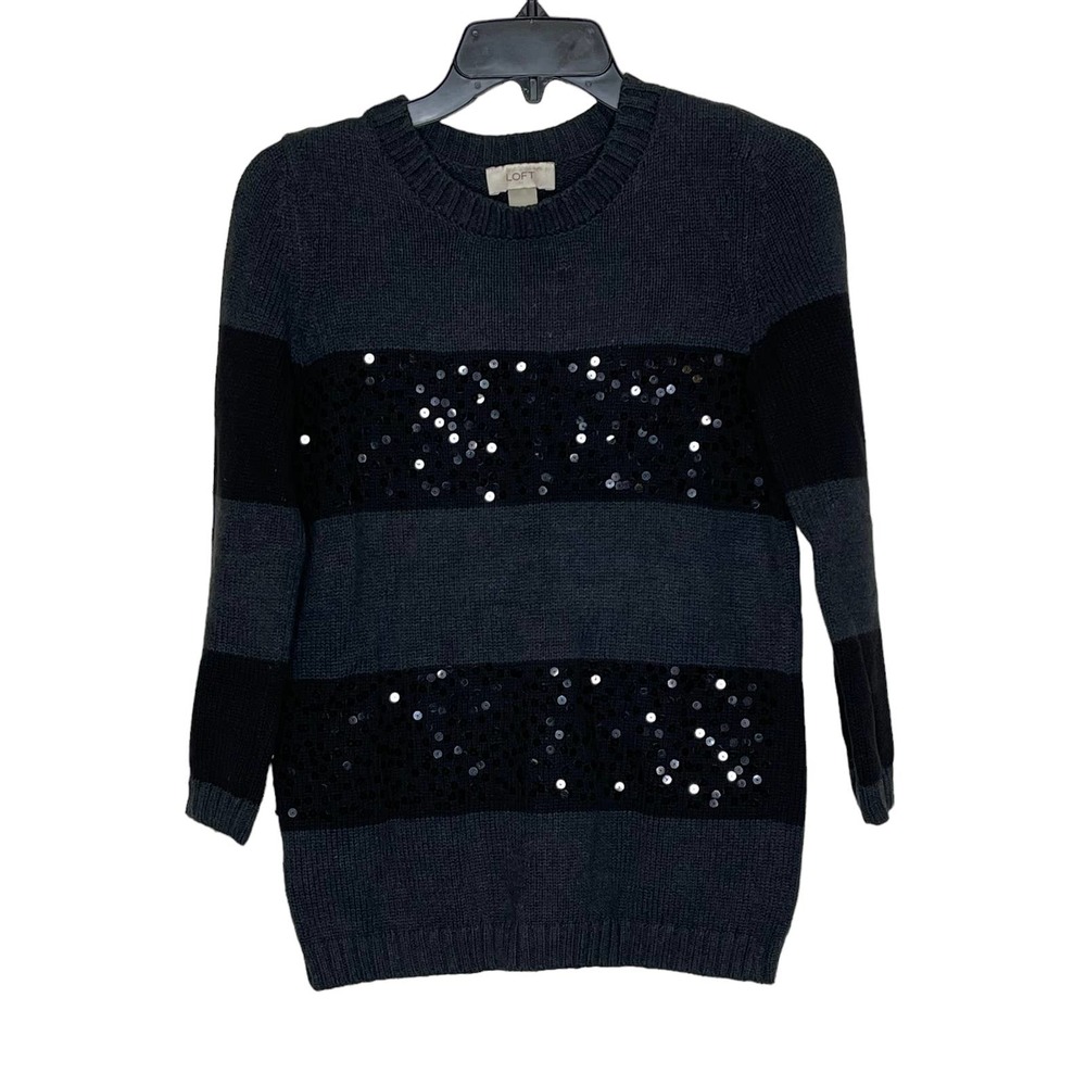 Loft Ann Taylor Sequin‎ Striped Pullover Sweater 3/4 Sleeve Cotton Women Small